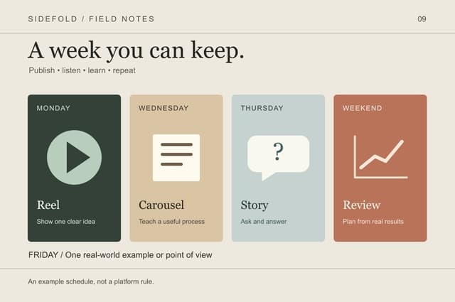 Editorial calendar showing a Reel, a carousel, a community Story, and a weekly review