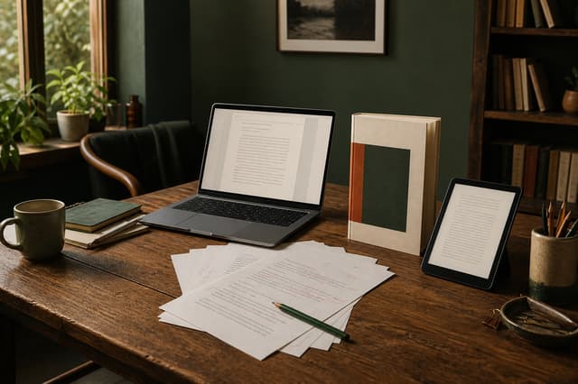 Dizüstü bilgisayardaki taslak, basılı kitap, tablet ve prova sayfaları