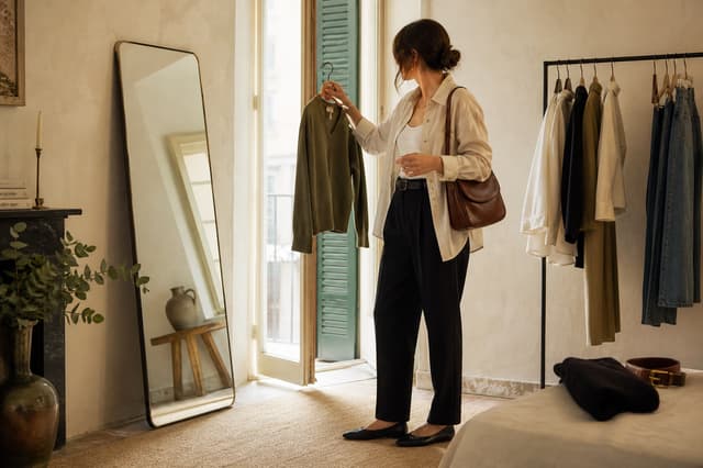 A fashion creator styling a neutral outfit beside a mirror and clothes rail